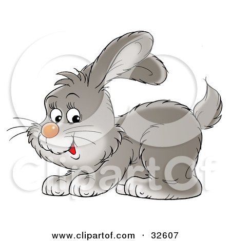 Clipart Illustration of a Playful Gray Bunny Crouching Down And Hopping by Alex Bannykh
