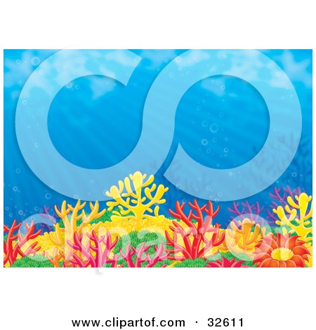 Clipart Illustration of a Colorful Coral Reef With Anemones In Blue Waters With Bubbles And Rays Of Sunlight by Alex Bannykh