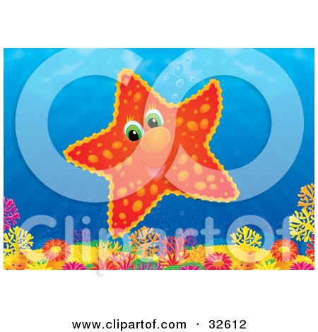 Clipart Illustration of a Cute Orange And Red Starfish Over A Colorful Coral Reef In The Ocean by Alex Bannykh