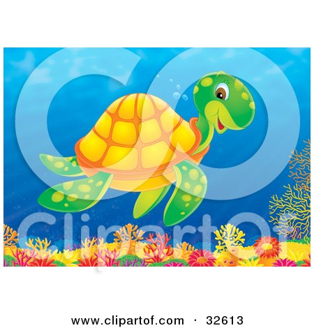 Clipart Illustration of a Happy Green Sea Turtle With An Orange Shell Swimming Above A Coral Reef In The Ocean by Alex Bannykh
