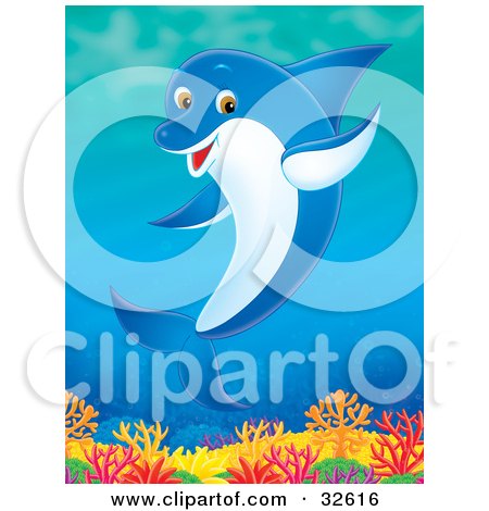 Clipart Illustration of a Friendly Waving Dolphin Swimming Over A Reef by Alex Bannykh