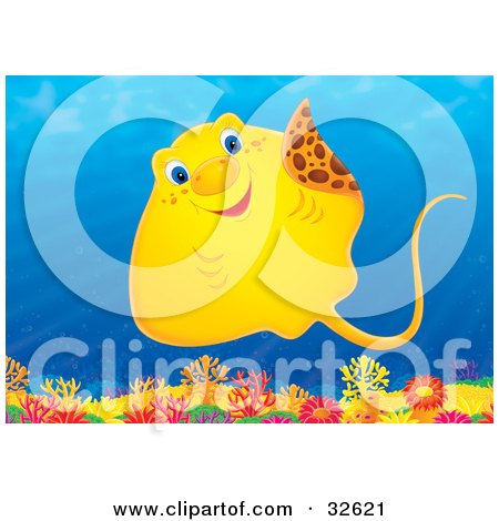 Clipart Illustration of a Friendly Yellow Stingray Swimming Over A Coral Reef by Alex Bannykh