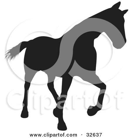 Clipart Illustration of a Trotting Black Silhouetted Horse by KJ Pargeter