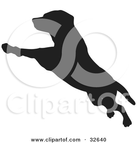 Clipart Illustration of a Leaping Dog Silhouetted In Black by KJ Pargeter