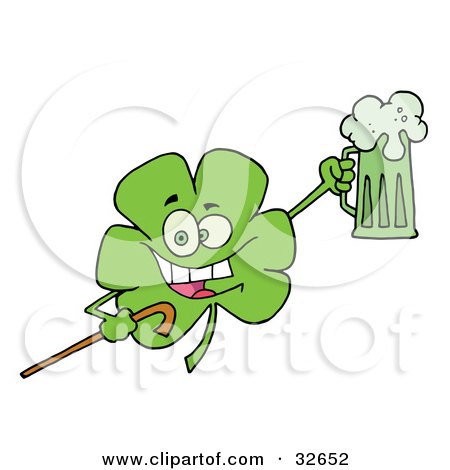 Clipart Illustration of a Happy Green Shamrock Leaf With A Cane, Cheering With A Mug Of Beer On St Patrick's Day by Hit Toon
