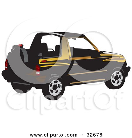 Clipart Illustration of a Black And Yellow Convertible Geo Tracker With The Top Off by David Rey