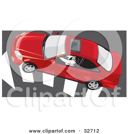 Clipart Illustration of an Aerial View Of A Person Driving A Red Honda Civic Coupe Car With A Sunroof Over An Arrow On The Road by David Rey