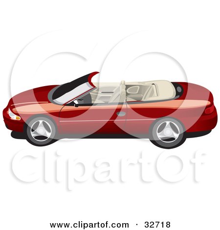 Clipart Illustration of a Red Convertible Car With The Top Off, Showing The Beige Interior by David Rey