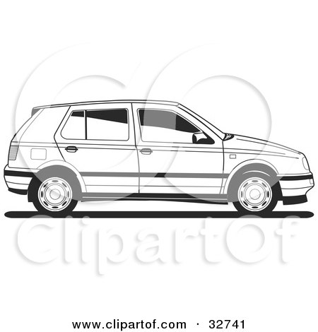 Clipart Illustration of a Side View Of A VW Golf Car In Black And White by David Rey