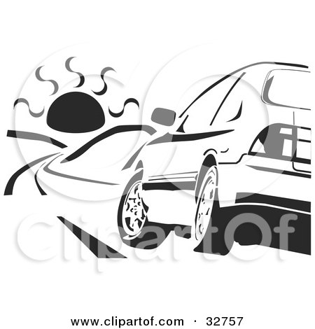 Clipart Illustration of a Black And White Honda Accord Driving Towards The Sun On A Road, As Seen From The Rear by David Rey