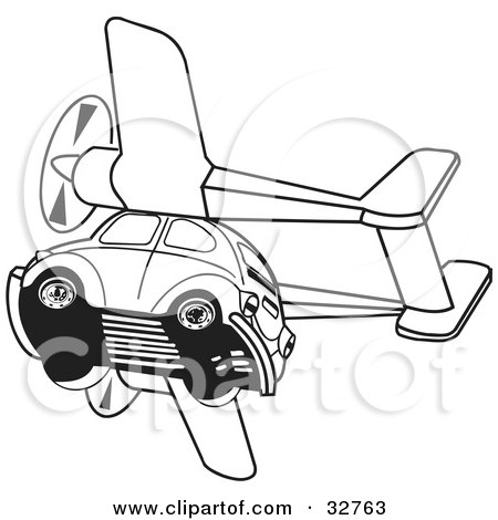 Clipart Illustration of a Black And White Slug Bug Flying With Airplane Propellers by David Rey