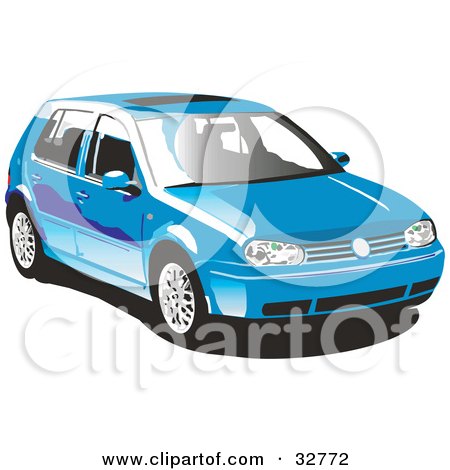 Clipart Illustration of a Blue Volkswagen Golf Car by David Rey