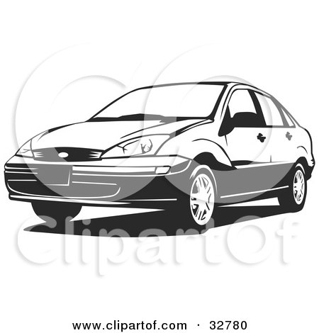 Clipart Illustration of a Black And White Four Door Ford Focus Car by David Rey