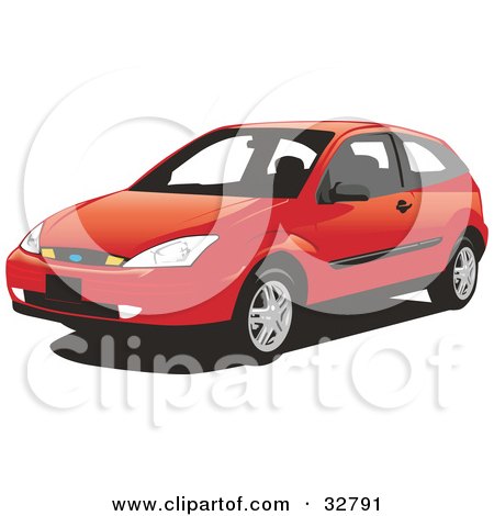 Clipart Illustration of a Red Two Door Ford Focus Hatchback Car by David Rey