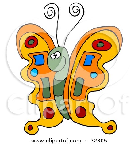 Clipart Illustration of a Colorful Orange Butterfly With A Green Body And Blue, Red And Green Designs On Its Wings by djart