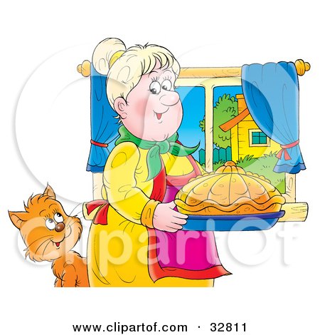 Clipart Illustration of a Cat Watching A Grandmother Carrying Fancy Bread In A Kitchen by Alex Bannykh