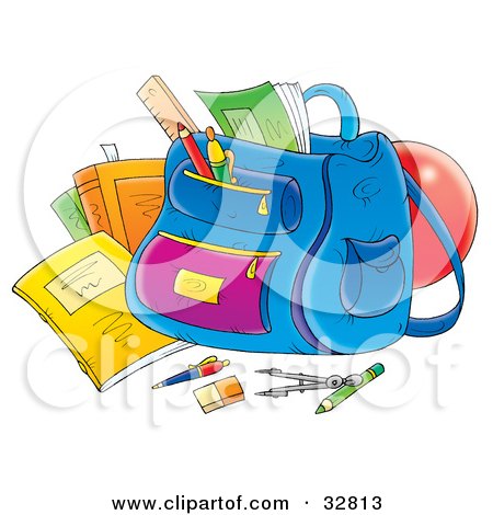 Clipart Illustration of School Supplies Around A Backpack by Alex Bannykh