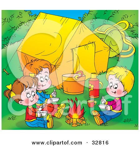 Clipart Illustration of Three Children Warming Up By A Campfire Near Their Tent by Alex Bannykh