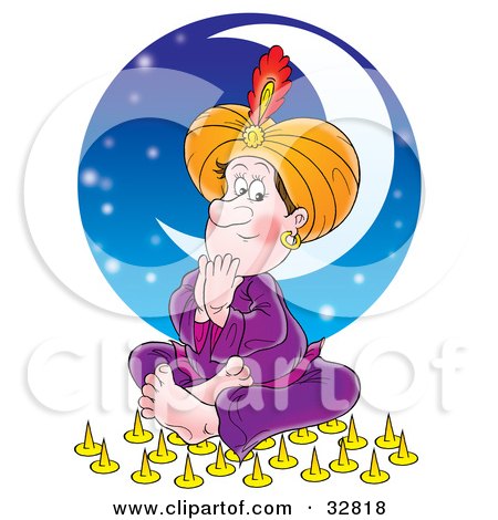 Clipart Illustration of a Male Gypsy Seated On Top Of Sharp Pins, Over A Background Of Stars And A Crescent Moon by Alex Bannykh