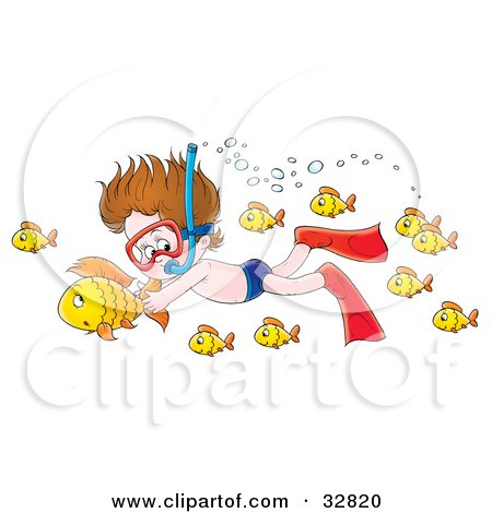 Clipart Illustration of a Boy Snorkeling And Holding Onto A Fish While Swimming Underwater by Alex Bannykh