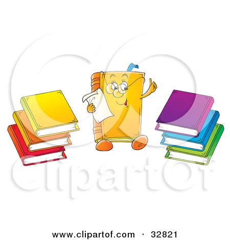 Clipart Illustration of a Smart Book Character Wearing Glasses And Reading A Memo, Stacks Of Colorful Books On The Sides by Alex Bannykh