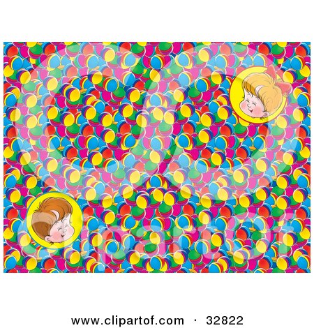 Clipart Illustration of Portraits Of Two Happy Children Over A Background Of Colorful Balls by Alex Bannykh