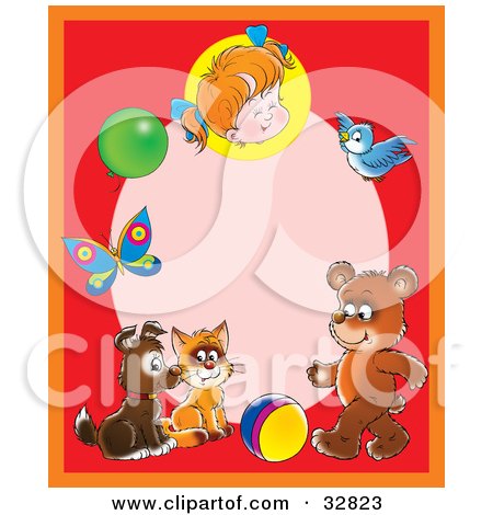 Clipart Illustration of a Red Frame Around A Pink Oval With A Little Girl, Balloon, Butterfly, Bird, Bear, Ball, Cat And Puppy by Alex Bannykh