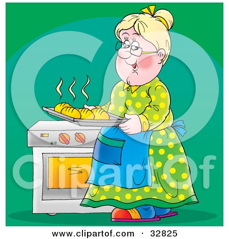 Clipart Illustration of a Happy Grandmother Carrying A Tray Of Fresh, Hot Bread, From The Oven, Over A Green Background by Alex Bannykh