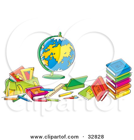 Clipart Illustration of a Globe Surrounded By School Books And Supplies by Alex Bannykh