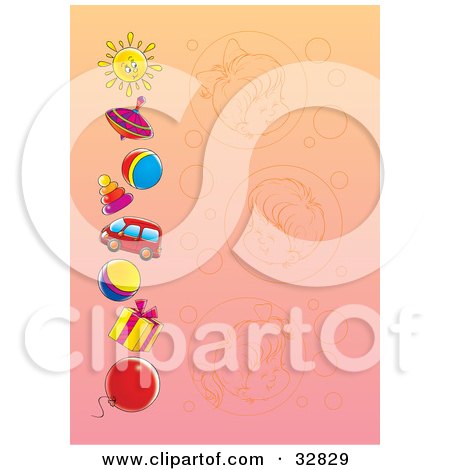 Clipart Illustration of a Gradient Background With Faded Portraits Of Girls And A Boy And A Border Of Toys And A Sun by Alex Bannykh