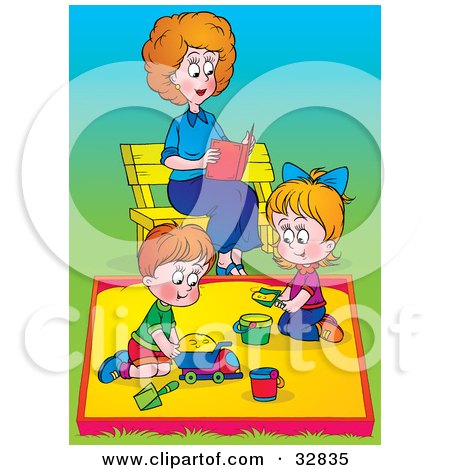 Clipart Illustration of a Mother Reading A Book On A Bench While Her Children Play In A Sand Box At A Park by Alex Bannykh