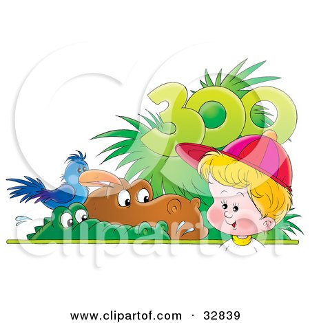 Clipart Illustration of a Little Blond Boy Watching Alligators, Hippos And Birds In A Zoo by Alex Bannykh