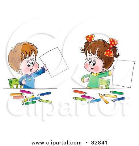 Clipart Illustration of a Little Boy And His Sister Proudly Holding Up Their Artwork While Coloring At A Table by Alex Bannykh