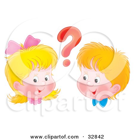 Clipart Illustration of a Curious Boy And Girl With A Red Question Mark Between Their Heads by Alex Bannykh
