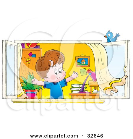 Clipart Illustration of a Happy Boy Holding His Arms Up And Looking Out Through His Window by Alex Bannykh