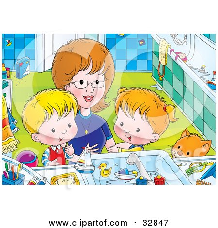 Clipart Illustration of Mom Bending Down To Help A Boy And Girl Clean Themselves Up In A Bathroom by Alex Bannykh