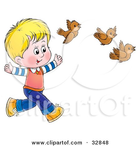 Clipart Illustration of a Blond Boy Running Behind Three Brown Birds by Alex Bannykh