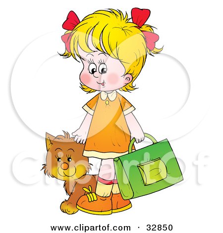 Clipart Illustration of a Cat Following A Blond Girl On Her Way To School by Alex Bannykh