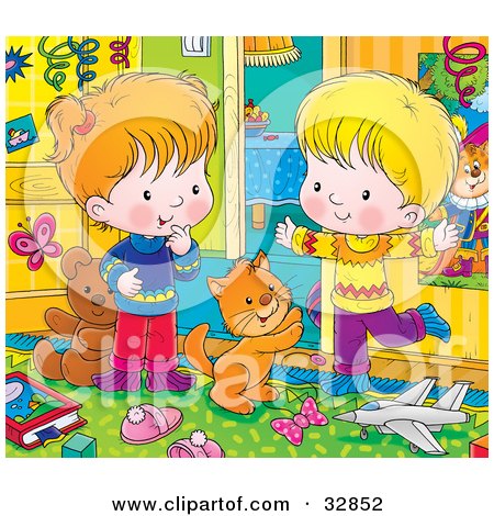 Clipart Illustration of a Cat Playing With A Happy Boy And Girl In A Messy Bedroom by Alex Bannykh