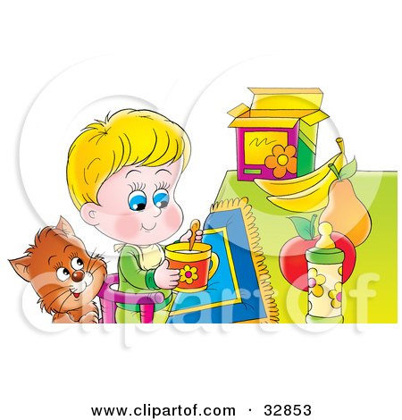 Clipart Illustration of a Cat Watching A Little Boy In A High Chair As He Eats Breakfast by Alex Bannykh