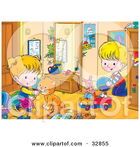 Clipart Illustration of a Cat Playing With A Boy In A Girl In Their Room by Alex Bannykh