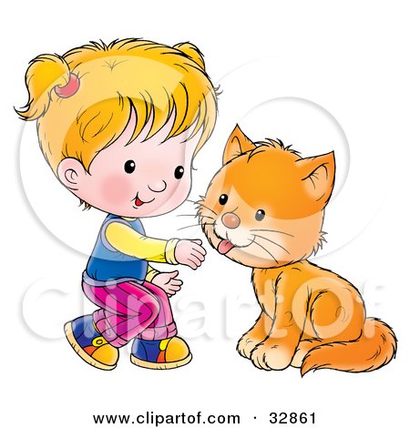 Clipart Illustration of a Little Blond Girl Crouching To Pet A Cat by Alex Bannykh