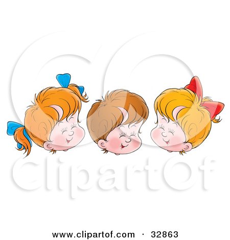 Clipart Illustration of Three Children, Two Girls And One Boy, Giggling With Their Eyes Closed by Alex Bannykh