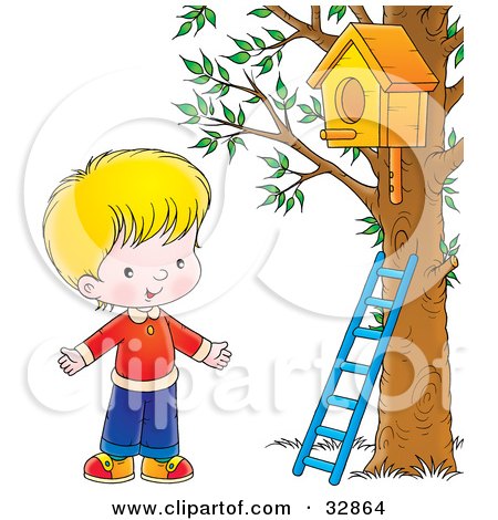 Clipart Illustration of a Happy Blond Boy Standing By A Ladder Leaning Against A Tree Under A Bird House by Alex Bannykh