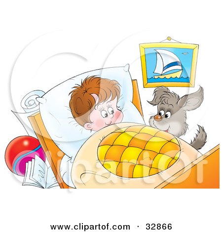 Clipart Illustration of a Hyper Puppy Beside A Little Boy's Bed by Alex Bannykh
