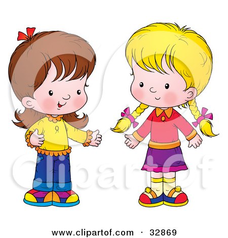 Clipart Illustration of Two Little Girls Standing Together And Talking by Alex Bannykh
