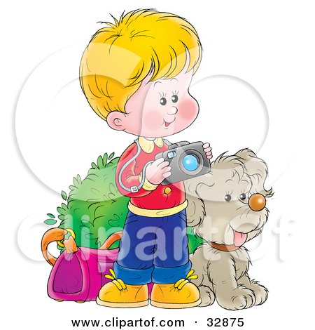 Clipart Illustration of a Little Blond Boy Taking Pictures With A Camera, His Dog At His Side by Alex Bannykh