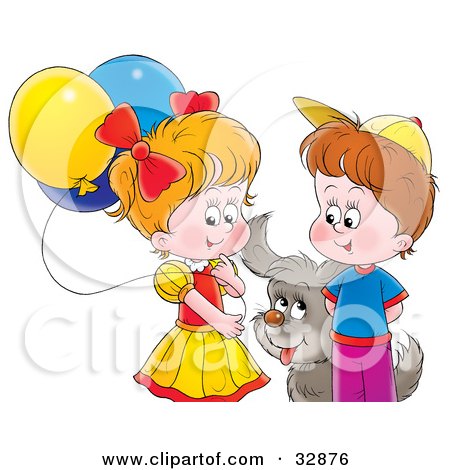Clipart Illustration of a Puppy Playing With A Boy And Girl With Balloons by Alex Bannykh