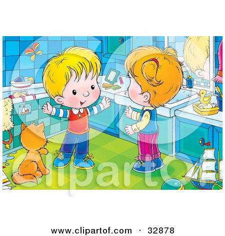 Clipart Illustration of a Happy Boy Talking With His Sister While Standing By A Cat Kin A Bathroom by Alex Bannykh