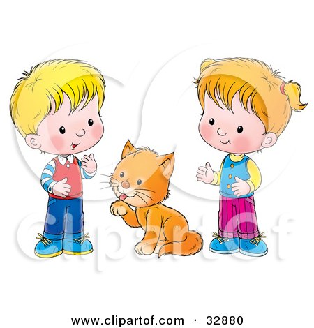 Clipart Illustration of a Grooming Cat Between A Little Boy And Girl by Alex Bannykh